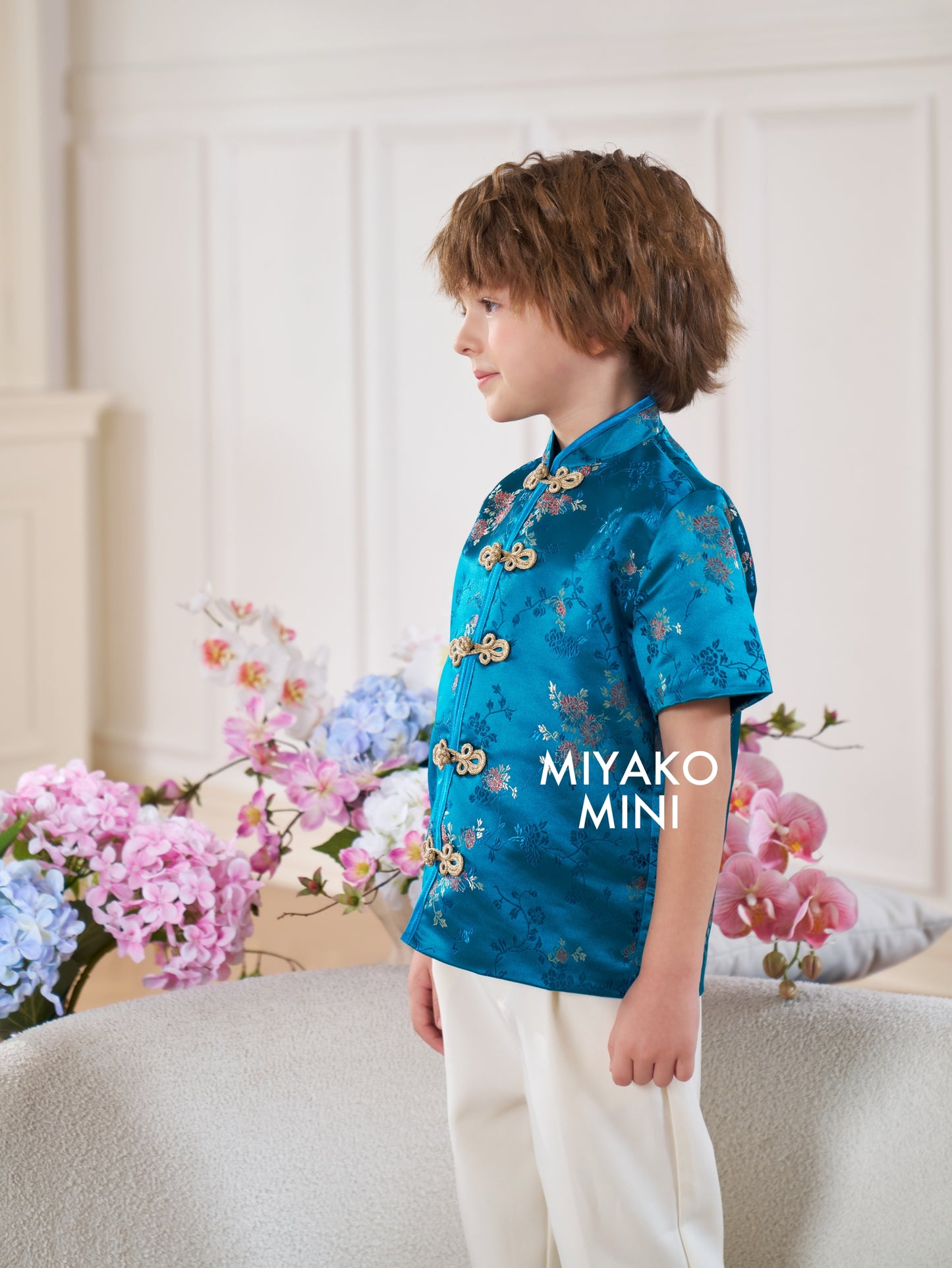 【孔雀开屏】Feather Cheongsam Little Boy Suit in Blue 孔雀蓝小男孩唐装