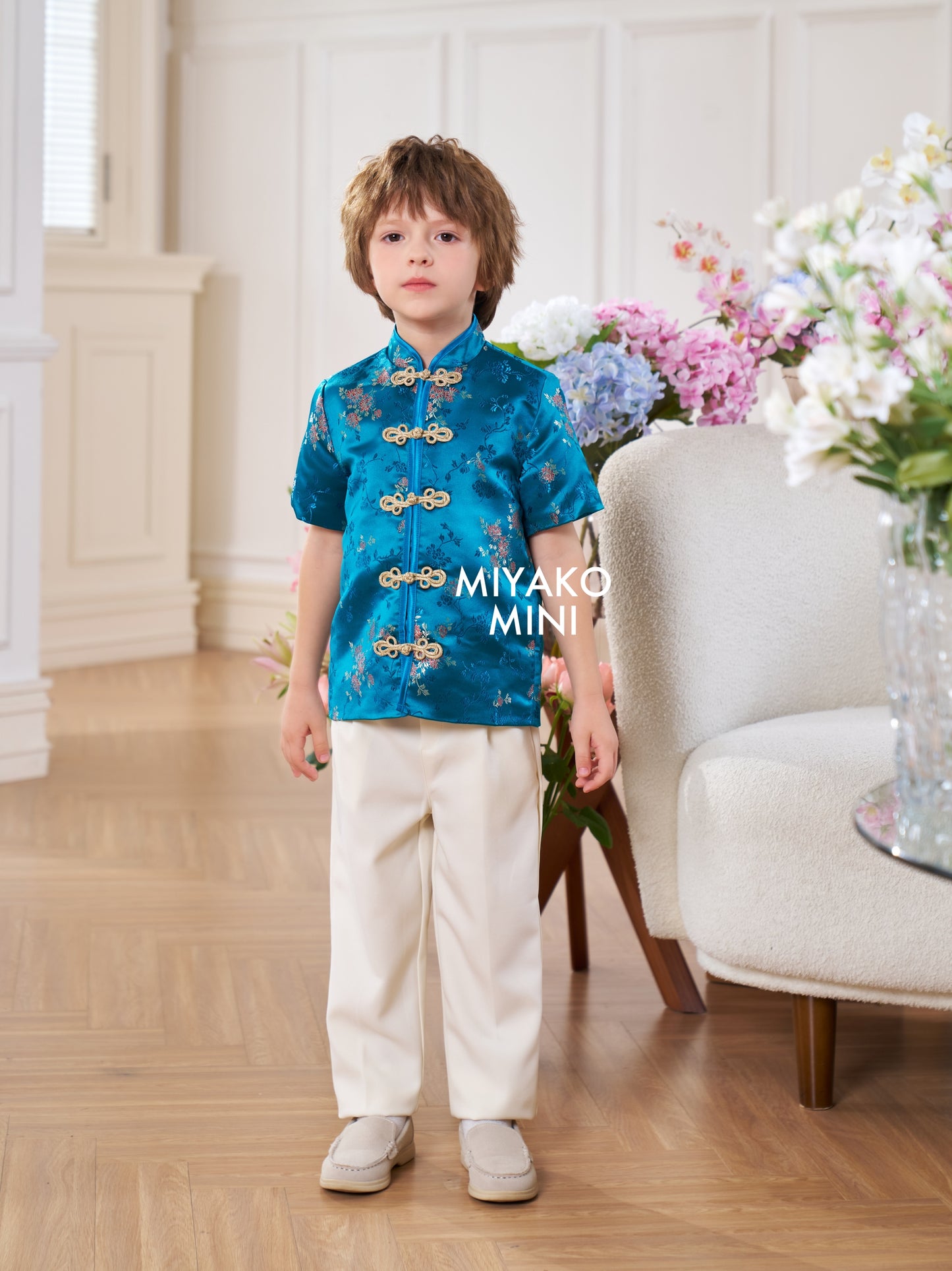 【孔雀开屏】Feather Cheongsam Little Boy Suit in Blue 孔雀蓝小男孩唐装