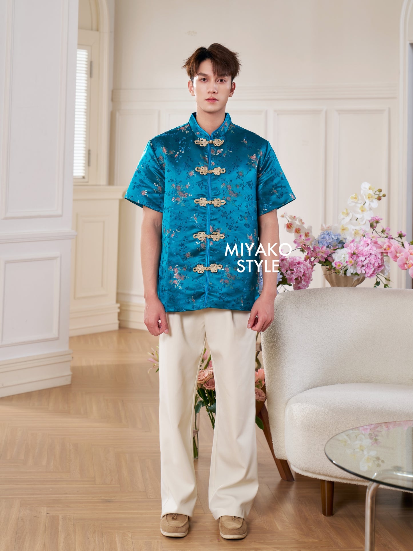 【孔雀开屏】Feather Cheongsam Men Suit in Blue 孔雀蓝男唐装