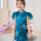 【孔雀开屏】Feather Cheongsam Little Girl Dress in Blue 孔雀蓝小女孩连身裙