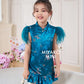 【孔雀开屏】Feather Cheongsam Little Girl Dress in Blue 孔雀蓝小女孩连身裙