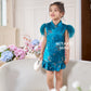 【孔雀开屏】Feather Cheongsam Little Girl Dress in Blue 孔雀蓝小女孩连身裙