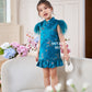 【孔雀开屏】Feather Cheongsam Little Girl Dress in Blue 孔雀蓝小女孩连身裙