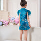 【孔雀开屏】Feather Cheongsam Little Girl Dress in Blue 孔雀蓝小女孩连身裙