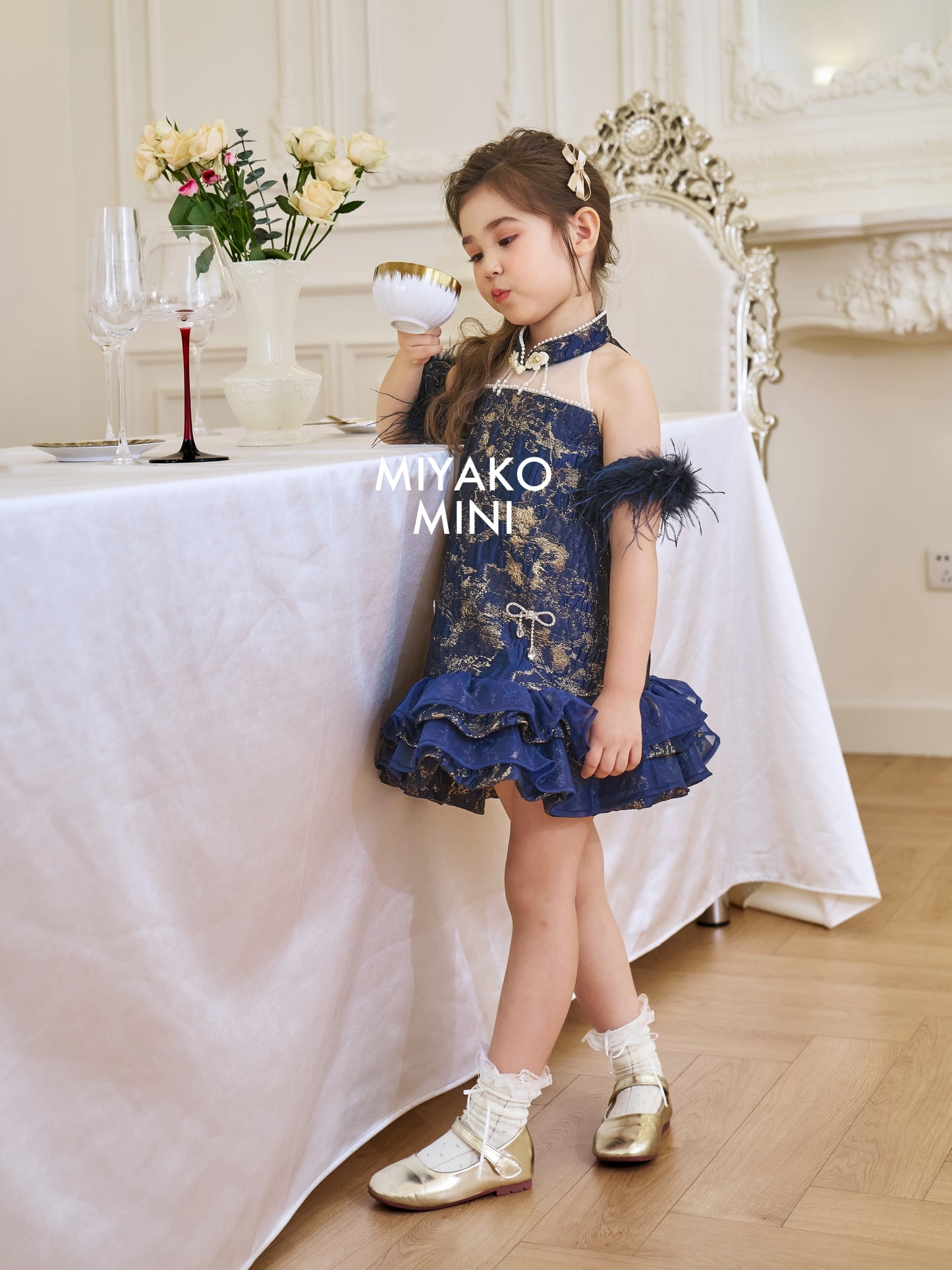 【星辰闪耀】Starlight Detachable Fur Sleeve Girl Dress in Golden Navy 小女孩连身裙