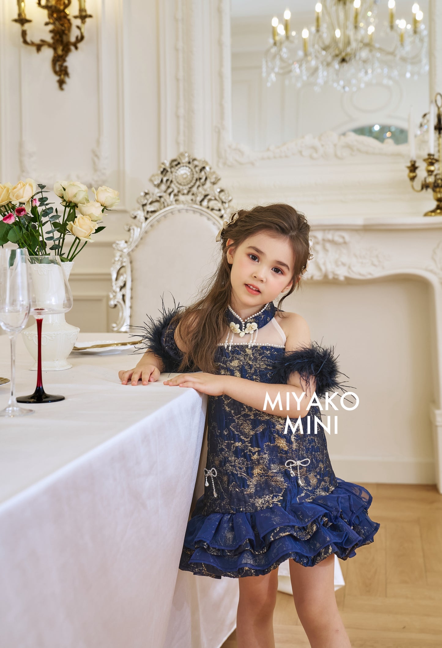 【星辰闪耀】Starlight Detachable Fur Sleeve Girl Dress in Golden Navy 小女孩连身裙