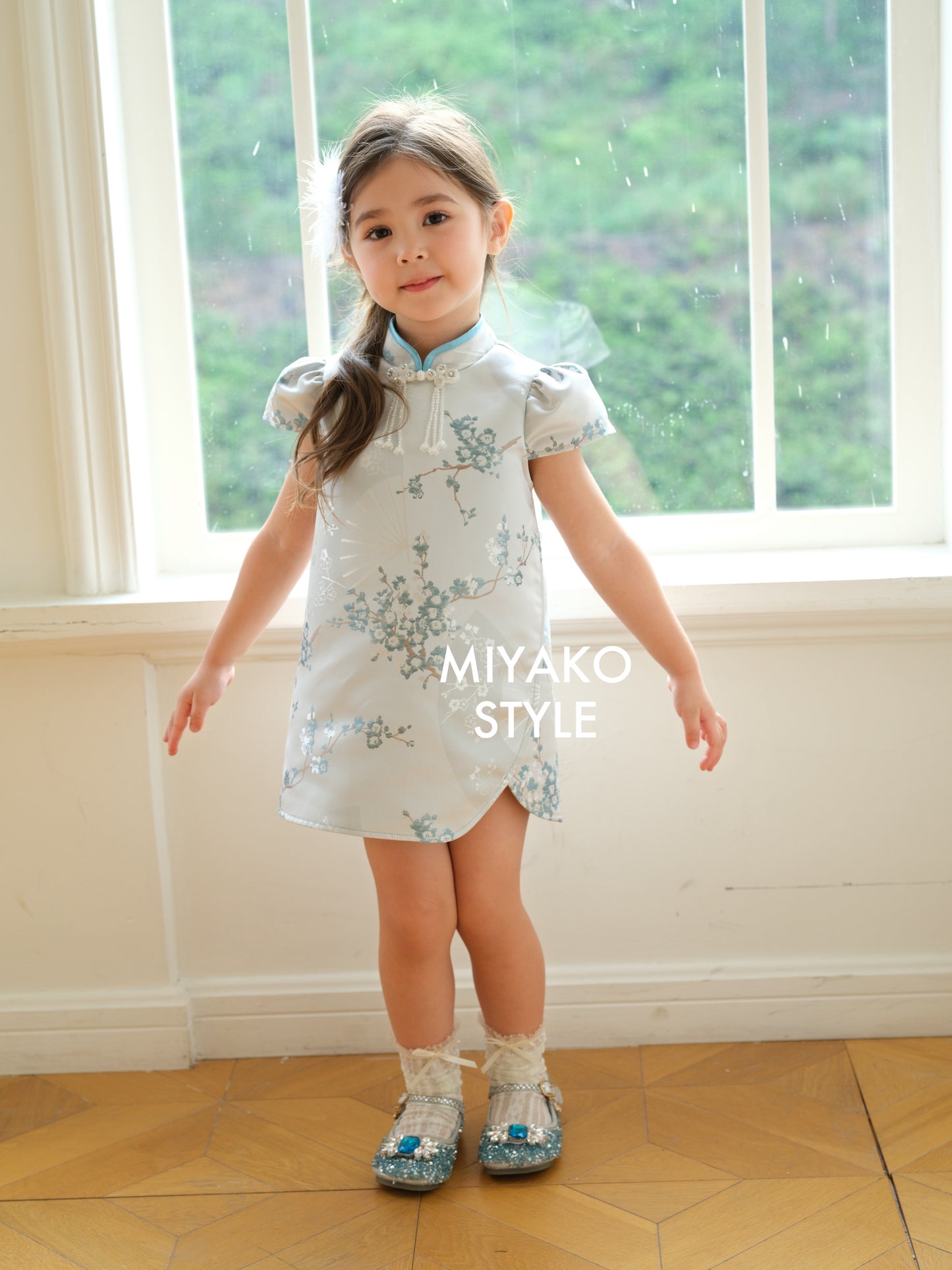 【冰清玉洁】Jade Cheongsam Girl Dress in Blue 蓝色小女孩连身裙