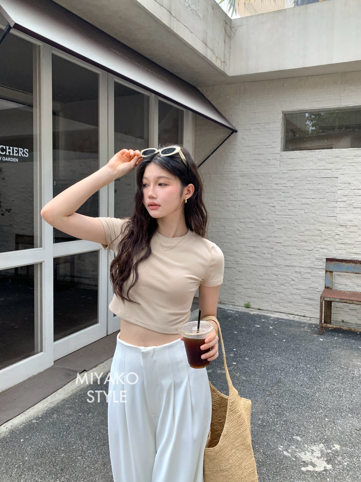 Anna Short Sleeve Crop Top in Beige