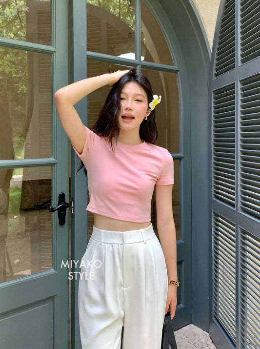 Anna Short Sleeve Crop Top in Pink