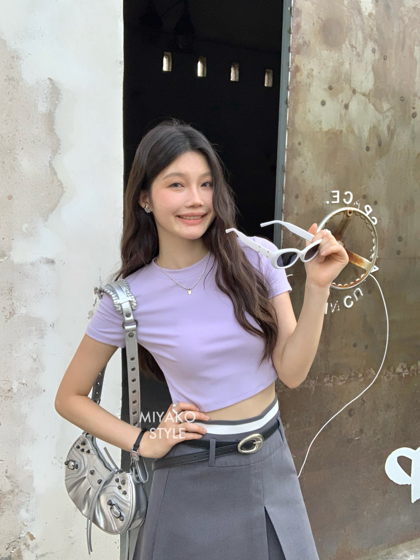 Anna Short Sleeve Crop Top in Purple