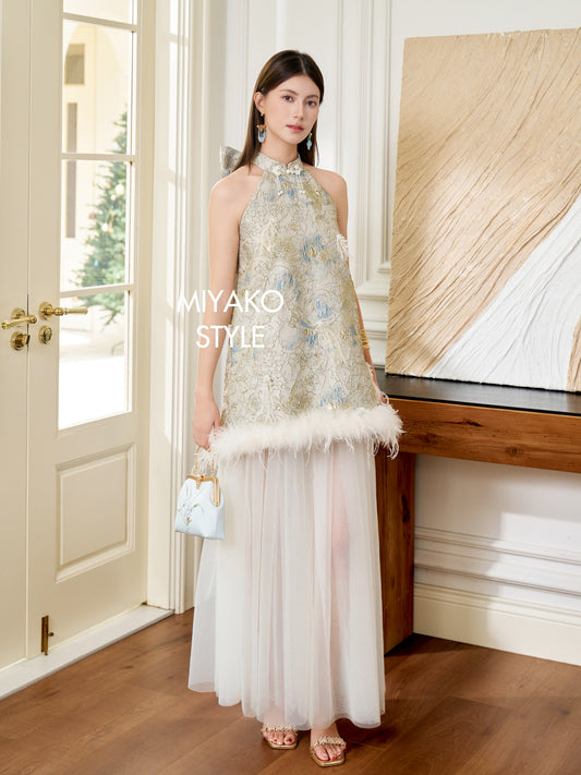 【万事如亿】Billionaire Detachable Sleeve Halter Dress in Ash Beige 米灰色女装挂脖连身裙