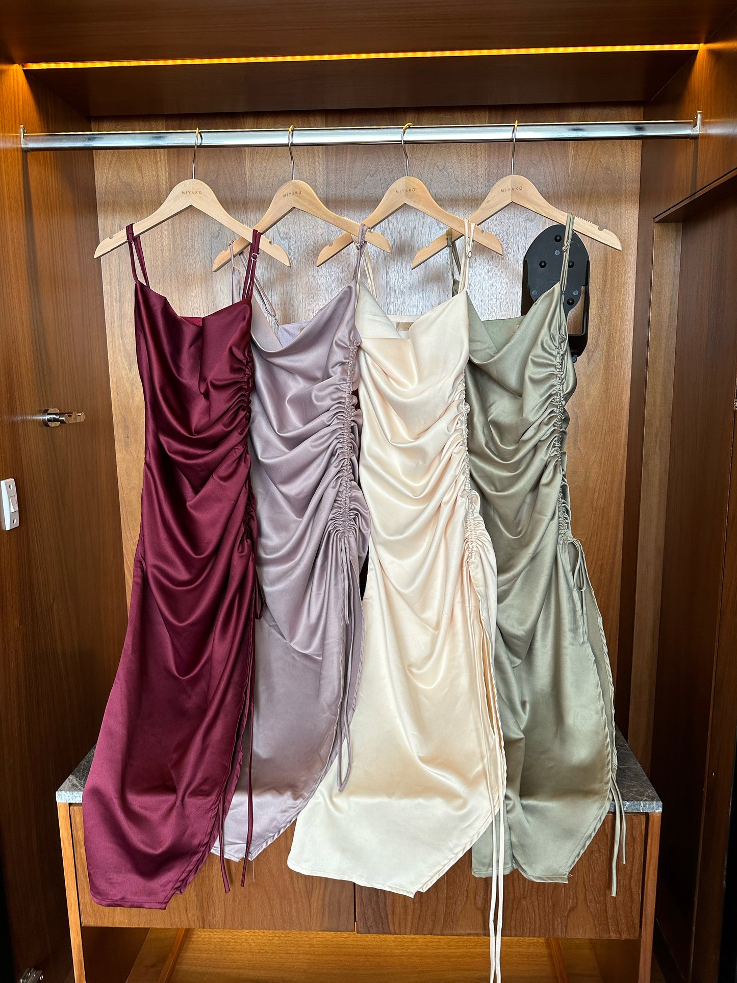 Elyse Satin Long Dress in Champgne