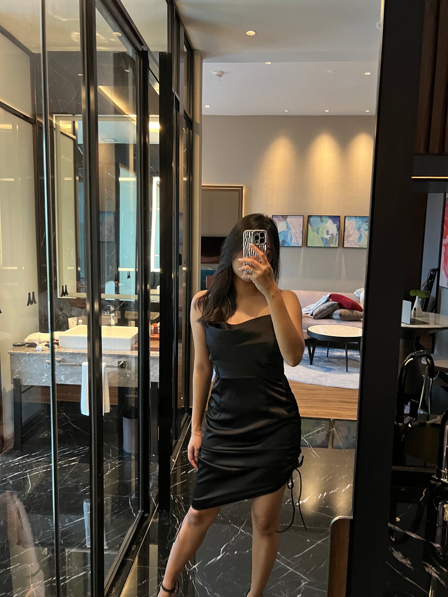 Victoria Satin Short Dress in Black