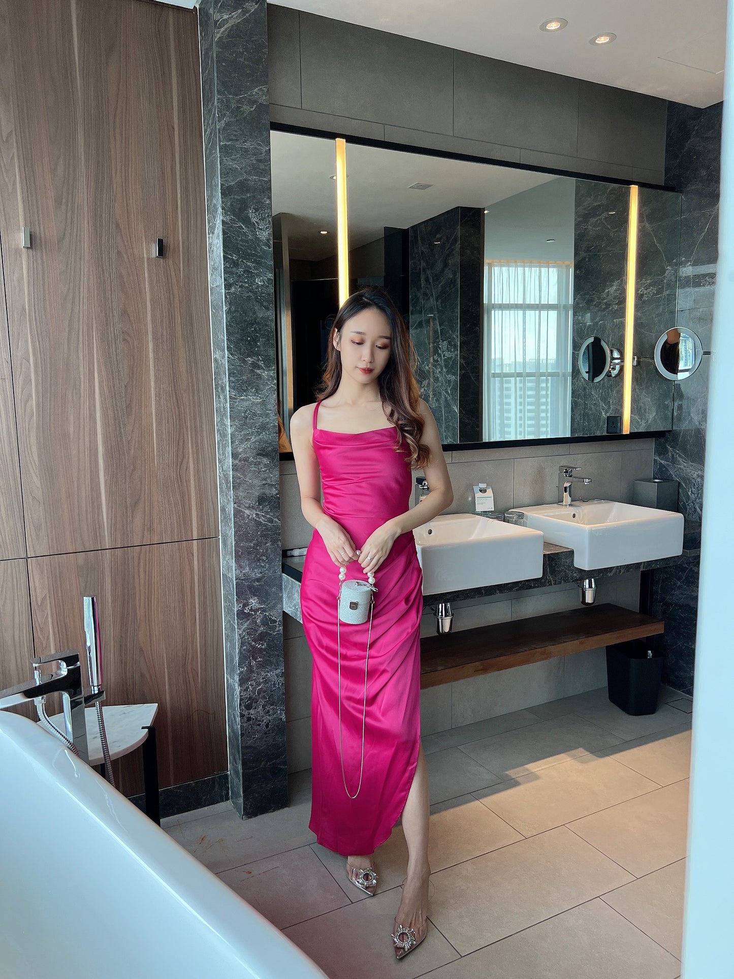 Scarlett Sexy Split Satin Long Dress in Hot Pink