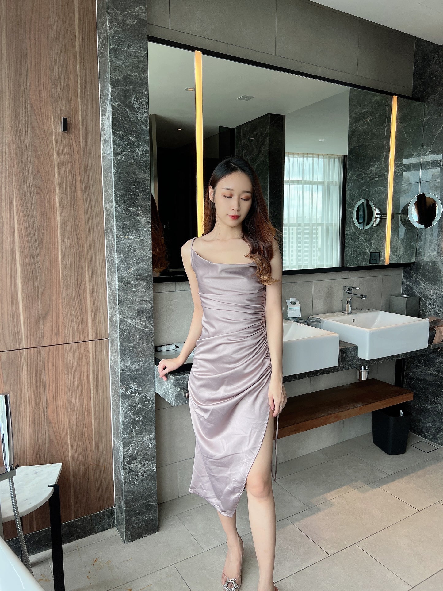 Elyse Satin Long Dress in Purple