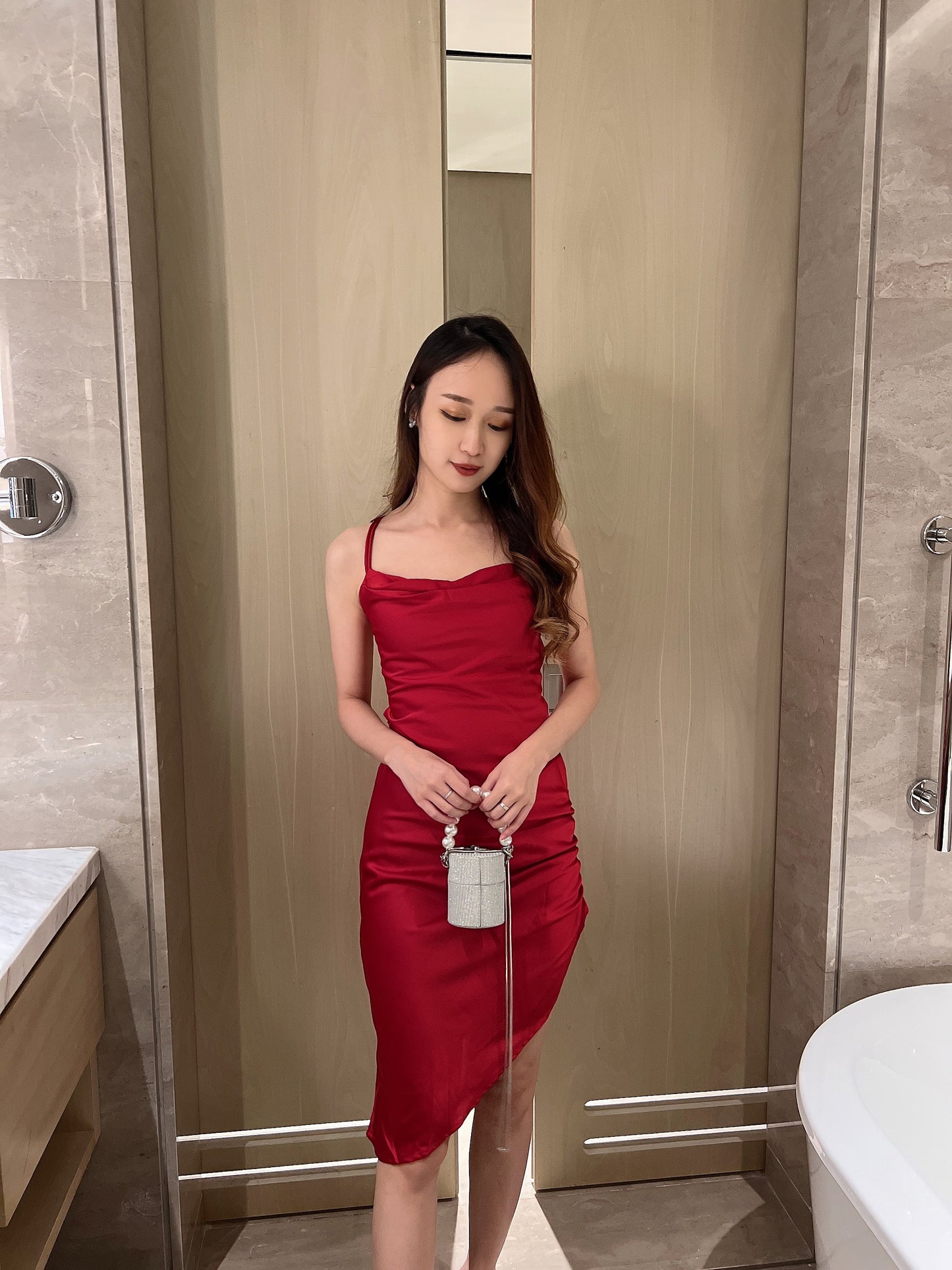 Mia Sexy Split Satin Short Dress in Red