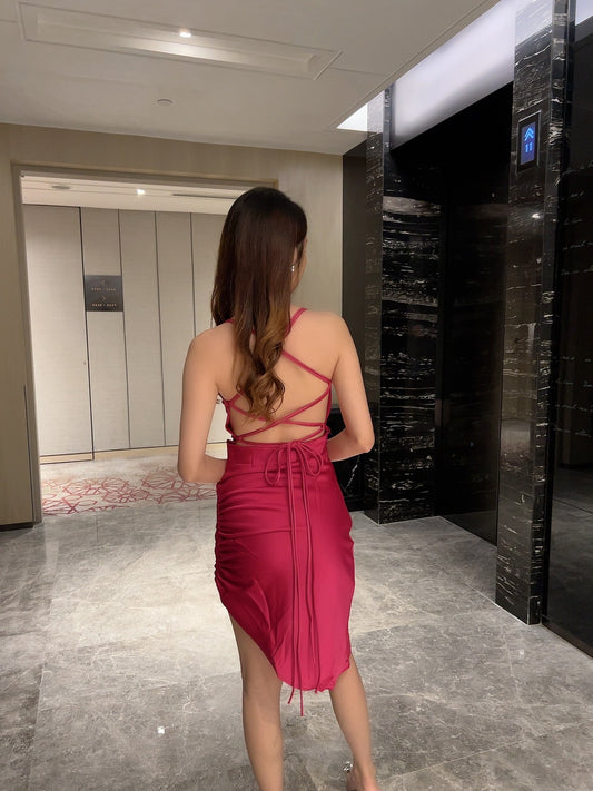 Mia Sexy Split Satin Short Dress in Hot Pink