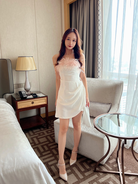 Ashley Fur Dress in Pink+White