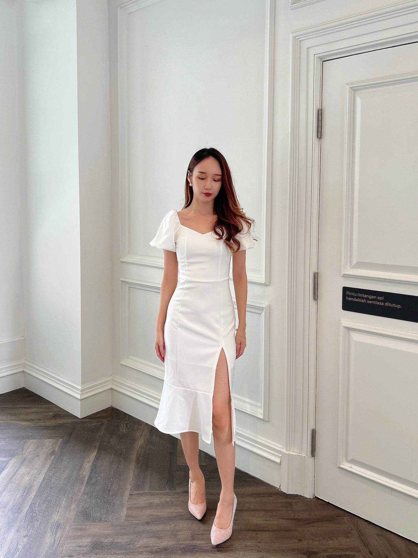 Camila Bubble Sleeve Ruffle Long Dress in White