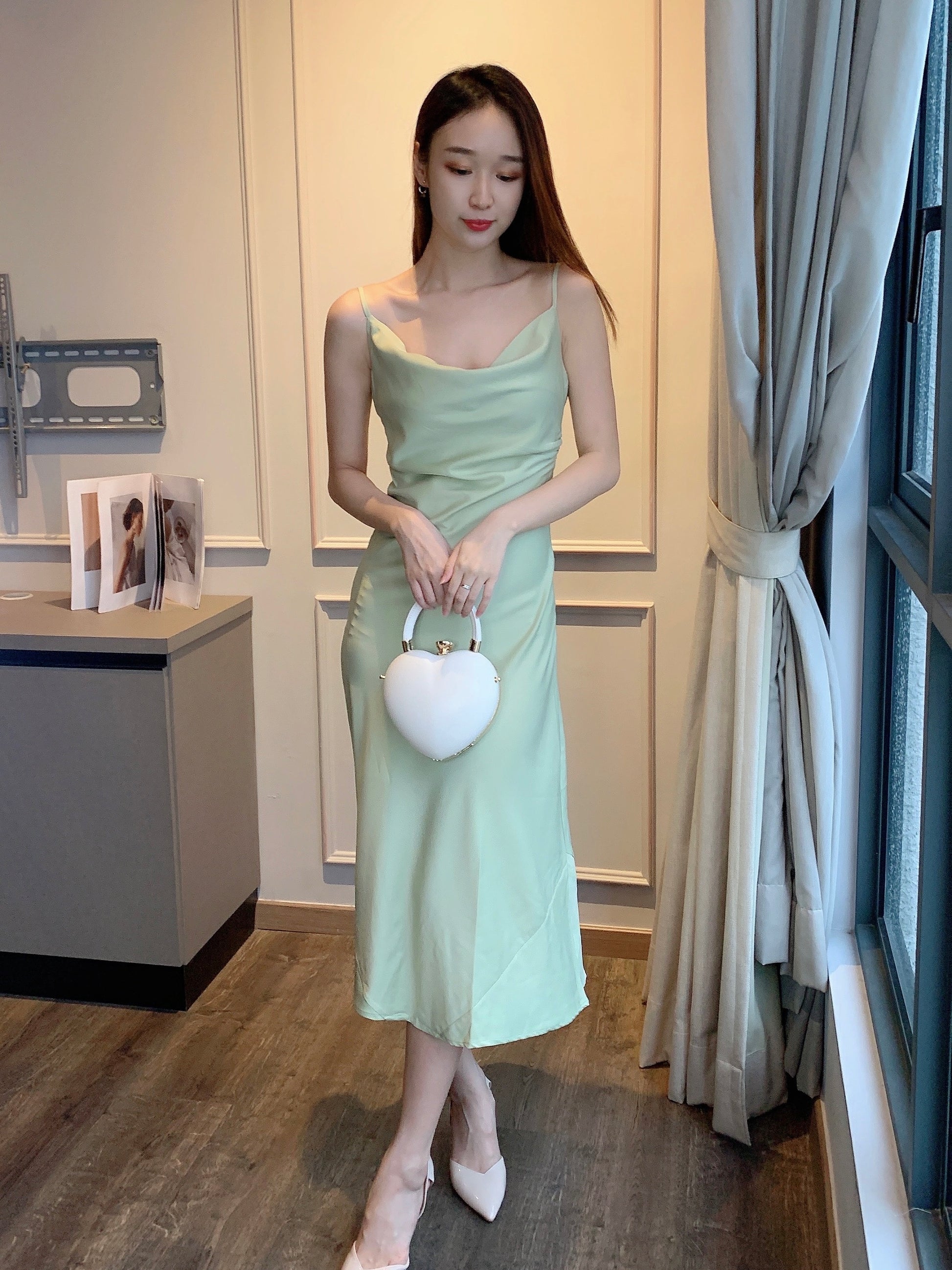 Jeanne satin dress in avocado