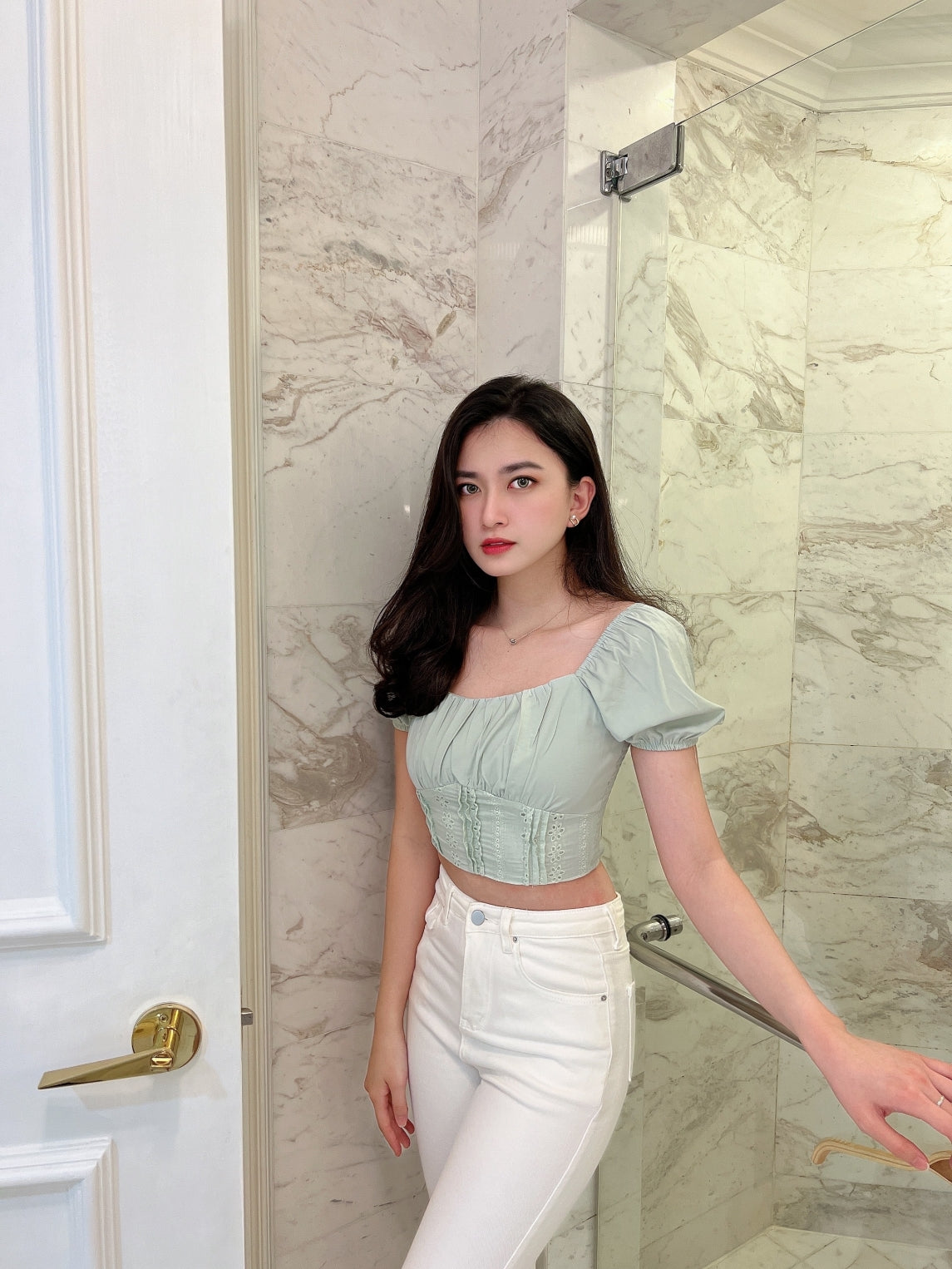 Camille cotton eyelet crop top in green