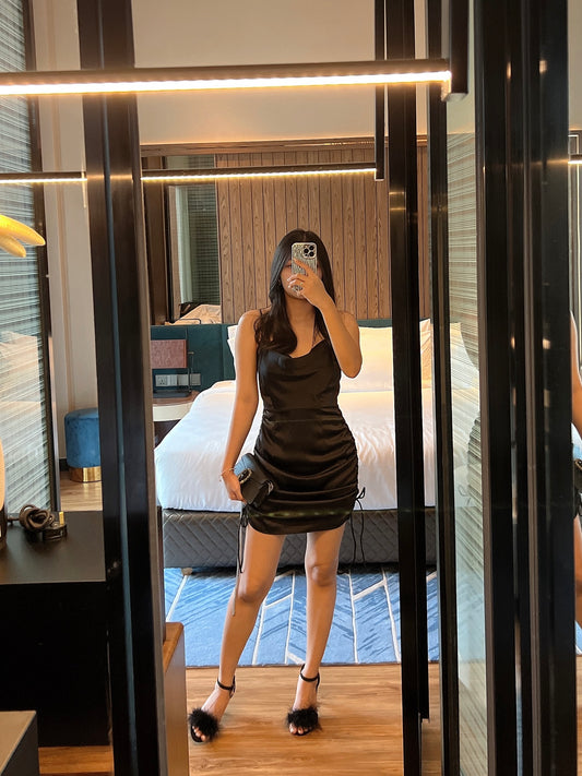 Victoria Satin Short Dress in Black